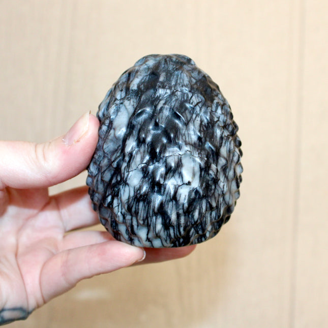 Picasso Stone Dragon Egg Carving – Black, White, and Gray Polished Jasper Natural Stone