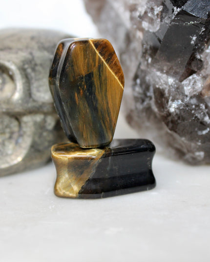 Tigers Eye Coffin Plugs Double Flare Stone Gauges Pair 8mm-25mm