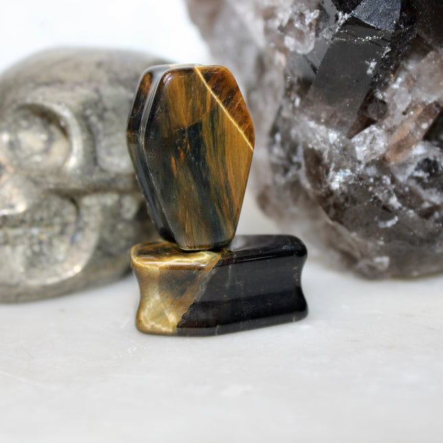 Tigers Eye Coffin Plugs Double Flare Stone Gauges Pair 8mm-25mm