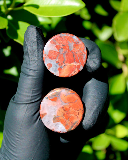 Brecciated Jasper Stone Plugs – Double Flare Natural Ear Gauges (Pair), Red &amp; Black Plugs