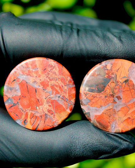 Brecciated Jasper Stone Plugs – Double Flare Natural Ear Gauges (Pair), Red &amp; Black Plugs