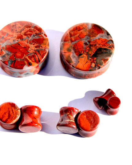 Brecciated Jasper Stone Plugs – Double Flare Natural Ear Gauges (Pair), Red &amp; Black Plugs