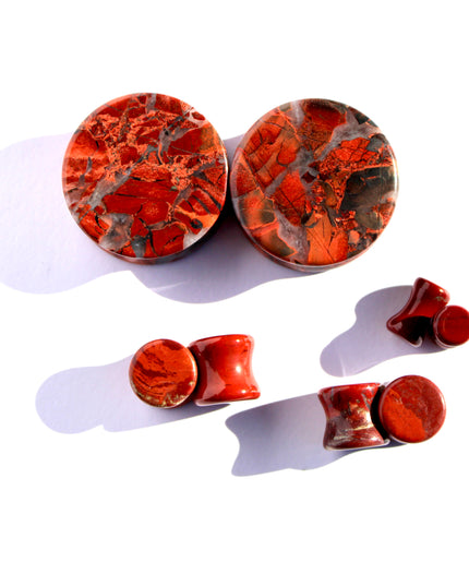 Brecciated Jasper Stone Plugs – Double Flare Natural Ear Gauges (Pair), Red &amp; Black Plugs