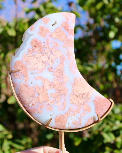 Cotton Candy Agate Moon Carvings – Pink and White Stone Moons on Gold Display Stands, Polished Agate Decorative Pieces, You Pick Your Exact Moon