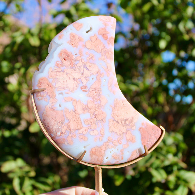 Cotton Candy Agate Moon Carvings – Pink and White Stone Moons on Gold Display Stands, Polished Agate Decorative Pieces, You Pick Your Exact Moon