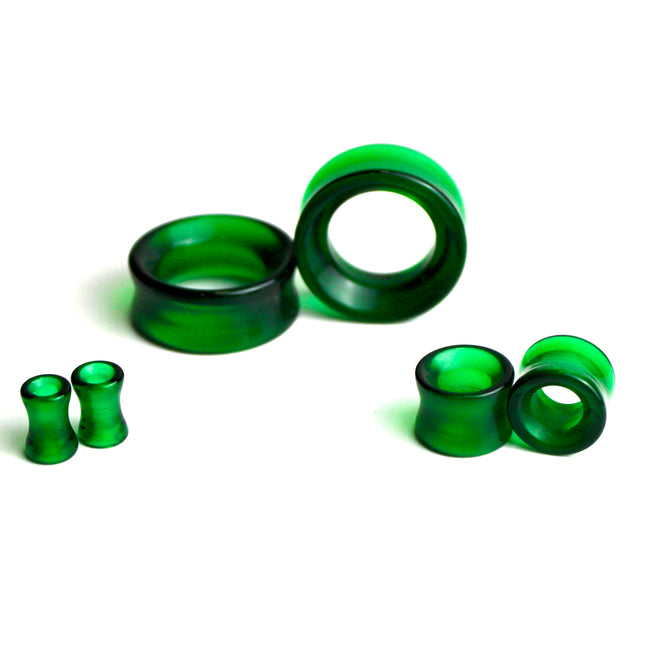 Green Glass Tunnel Plugs – 6mm to 47mm Pair of Double Flare Eyelets