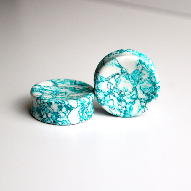 Black, Blue & White Double Flare Plugs – Pair of Howlite Inspired Stone Gauges