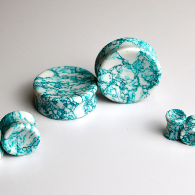 Black, Blue & White Double Flare Plugs – Pair of Howlite Inspired Stone Gauges