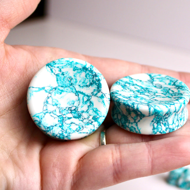 Black, Blue & White Double Flare Plugs – Pair of Howlite Inspired Stone Gauges