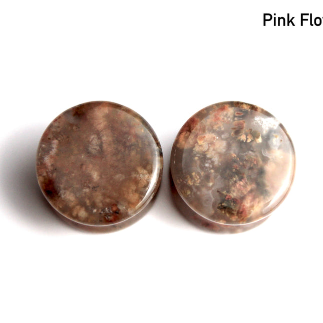 Flower Agate Double Flare Plugs – Rare Natural Floral Stone Gauges in Pink, Red, and Neutral Tones
