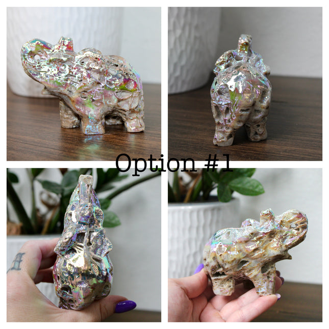 This Aura Quartz Elephant Carving features a charming hand-carved design enhanced with a brilliant rainbow electroplated finish. Made from natural quartz and treated to produce a luminous, color-shifting surface, this figurine blends natural beauty with a playful, eye-catching twist.