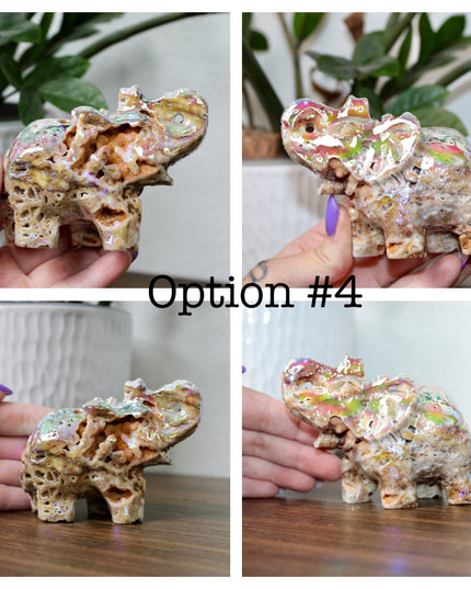 This Aura Quartz Elephant Carving features a charming hand-carved design enhanced with a brilliant rainbow electroplated finish. Made from natural quartz and treated to produce a luminous, color-shifting surface, this figurine blends natural beauty with a playful, eye-catching twist.