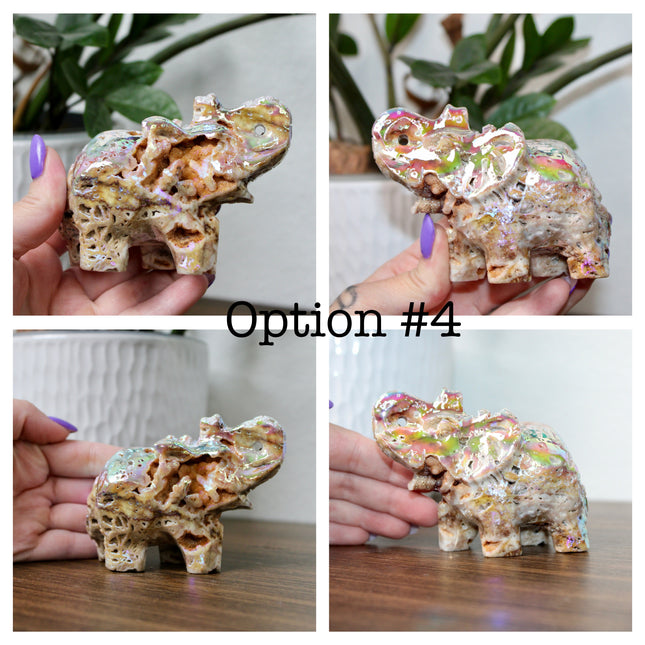This Aura Quartz Elephant Carving features a charming hand-carved design enhanced with a brilliant rainbow electroplated finish. Made from natural quartz and treated to produce a luminous, color-shifting surface, this figurine blends natural beauty with a playful, eye-catching twist.
