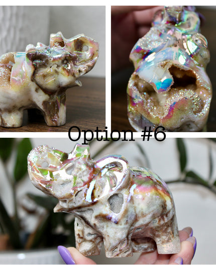 This Aura Quartz Elephant Carving features a charming hand-carved design enhanced with a brilliant rainbow electroplated finish. Made from natural quartz and treated to produce a luminous, color-shifting surface, this figurine blends natural beauty with a playful, eye-catching twist.