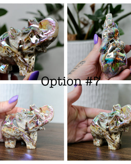 This Aura Quartz Elephant Carving features a charming hand-carved design enhanced with a brilliant rainbow electroplated finish. Made from natural quartz and treated to produce a luminous, color-shifting surface, this figurine blends natural beauty with a playful, eye-catching twist.