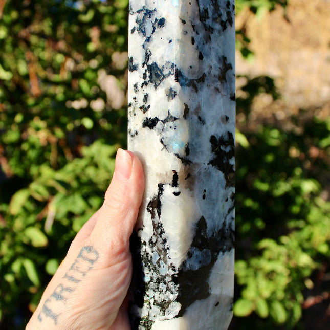 XL Rainbow Moonstone Tower – 3 lb, 11 Inch Tall Polished Crystal Point with Flash, Large Natural Stone Display Piece