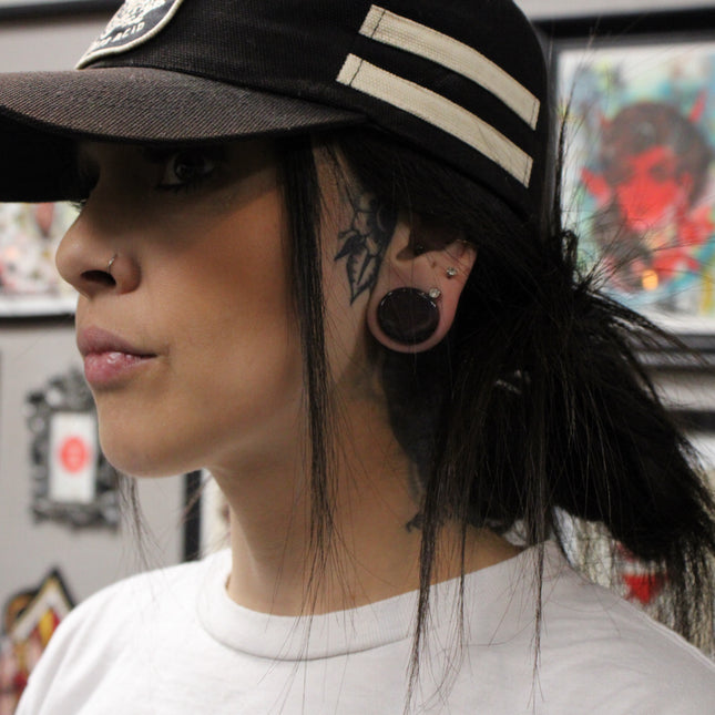 Unique Natural Hematite Black/Red Double Flared Plugs Pair One of a Kind - EC Plugs