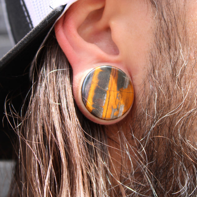 Sunset Jasper Double Flare Stone Plugs Hematite and Brown Banded Pair of Gauges 4mm-25mm