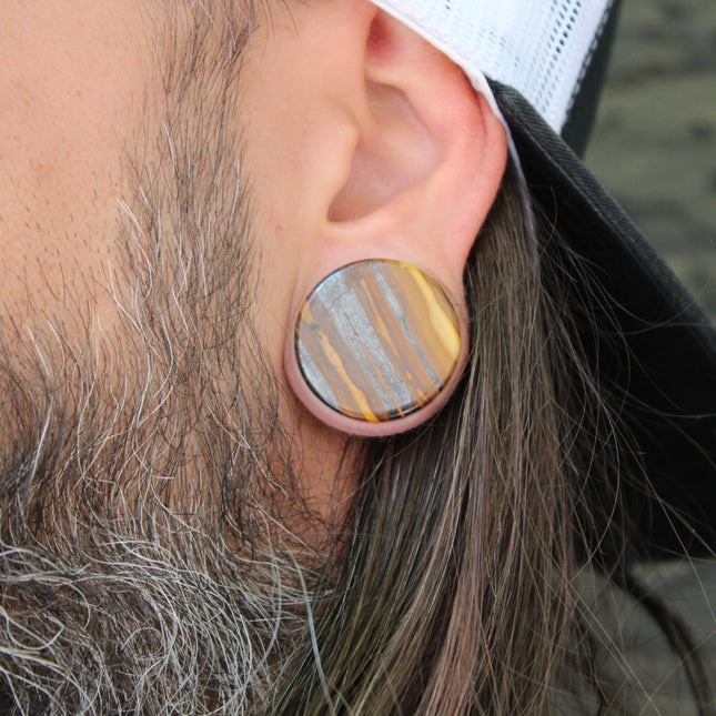 Sunset Jasper Double Flare Stone Plugs Hematite and Brown Banded Pair of Gauges 4mm-25mm