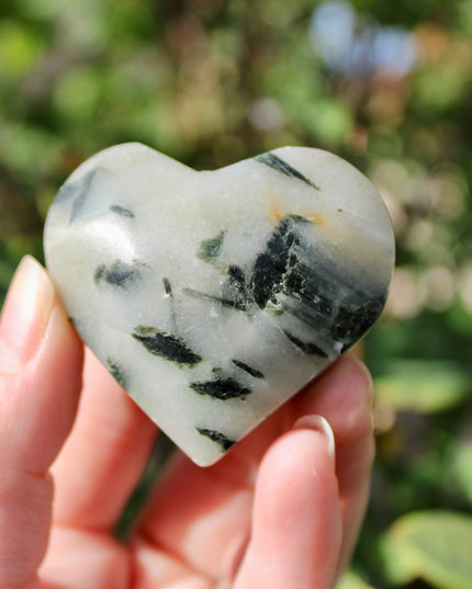 Green Tourmaline in Quartz Crystal Hearts – 2.5 Inch Polished Stone Heart Carvings with Natural Green Inclusions