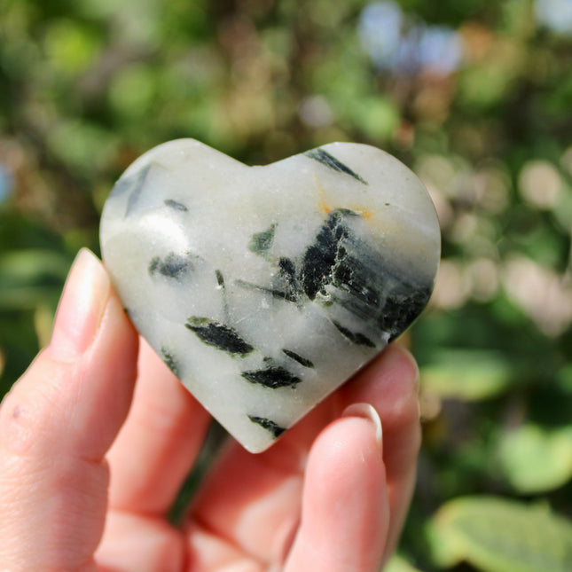 Green Tourmaline in Quartz Crystal Hearts – 2.5 Inch Polished Stone Heart Carvings with Natural Green Inclusions