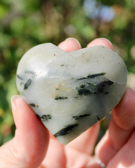 Green Tourmaline in Quartz Crystal Hearts – 2.5 Inch Polished Stone Heart Carvings with Natural Green Inclusions