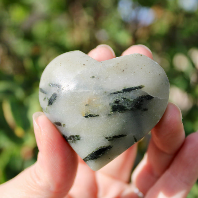 Green Tourmaline in Quartz Crystal Hearts – 2.5 Inch Polished Stone Heart Carvings with Natural Green Inclusions