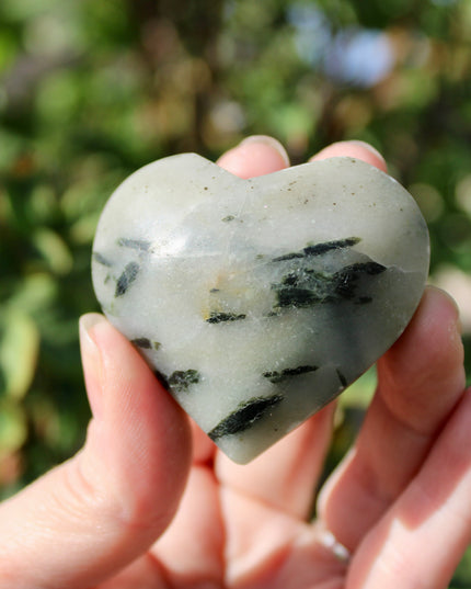 Green Tourmaline in Quartz Crystal Hearts – 2.5 Inch Polished Stone Heart Carvings with Natural Green Inclusions