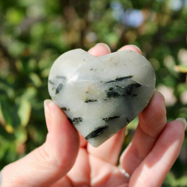 Green Tourmaline in Quartz Crystal Hearts – 2.5 Inch Polished Stone Heart Carvings with Natural Green Inclusions