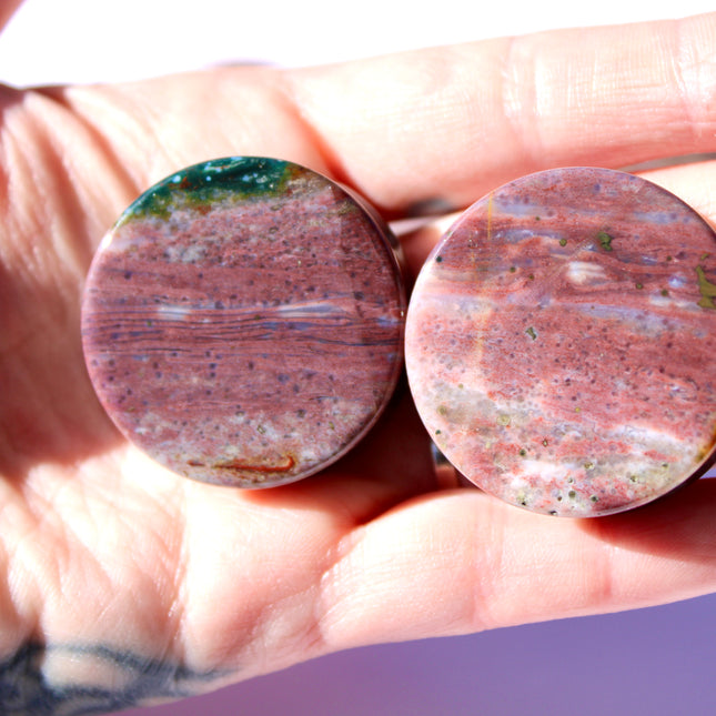 Pink and Purple Orbicular Jasper Double Flare Plugs – Natural Stone Ear Gauges Pair 