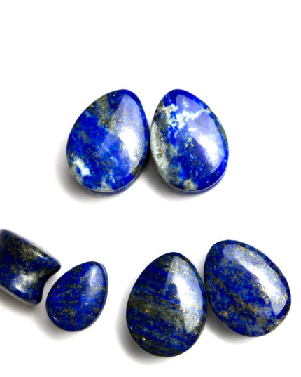 Lapis Teardrop Plugs - Blue and Gold Pair Natural Stone Gauges