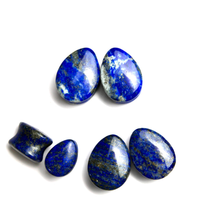 Lapis Teardrop Plugs - Blue and Gold Pair Natural Stone Gauges
