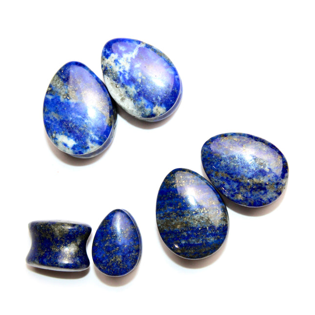 Lapis Teardrop Plugs - Blue and Gold Pair Natural Stone Gauges