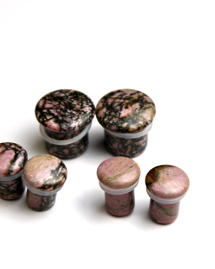 Rhodonite Stone Double Flared Plugs - Pink and Black Webbed Gauges Pair