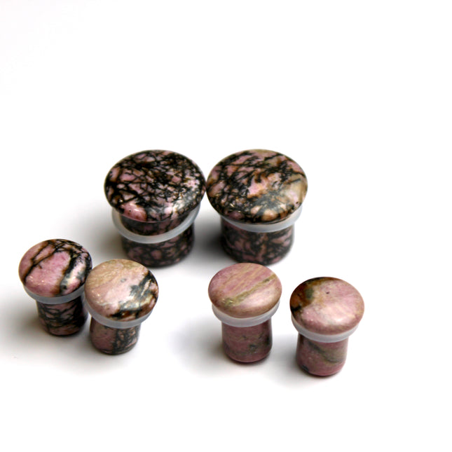 Rhodonite Stone Double Flared Plugs - Pink and Black Webbed Gauges Pair