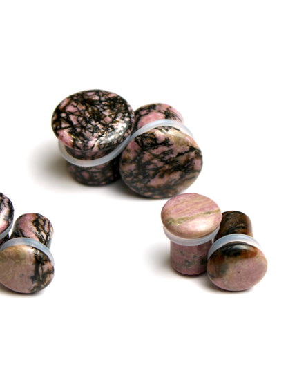 Rhodonite Stone Double Flared Plugs - Pink and Black Webbed Gauges Pair