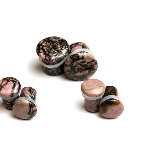 Rhodonite Stone Double Flared Plugs - Pink and Black Webbed Gauges Pair
