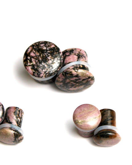 Rhodonite Stone Double Flared Plugs - Pink and Black Webbed Gauges Pair