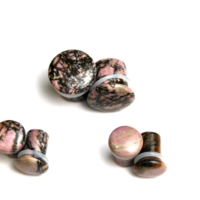 Rhodonite Stone Double Flared Plugs - Pink and Black Webbed Gauges Pair