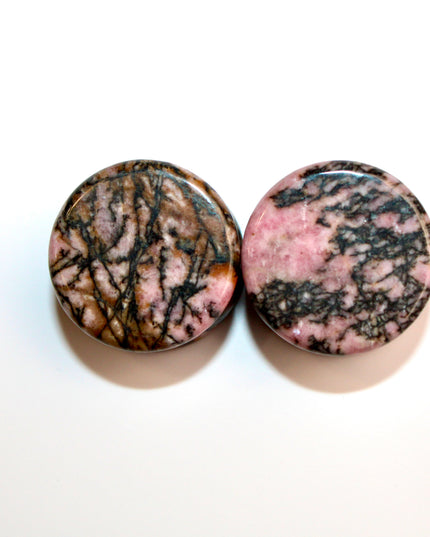 Rhodonite Stone Plugs - Pink and Black Webbed Gauges Pair