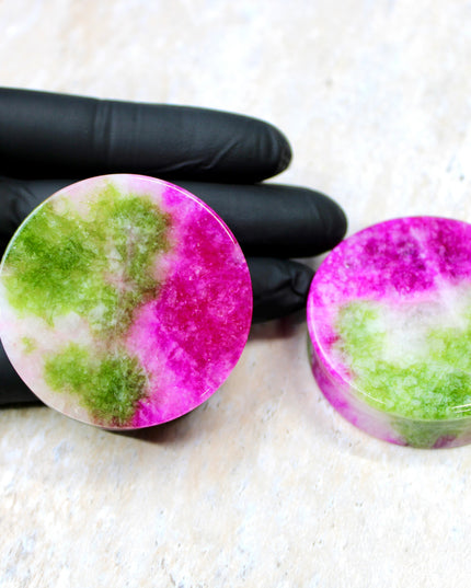 Watermelon Quartz Double Flared 50mm 2" Plugs Exact Pair in Photos