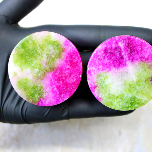 Watermelon Quartz Double Flared 50mm 2" Plugs Exact Pair in Photos