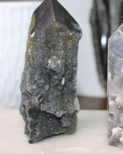Sphalerite Druzy Tower – 4" Crystal Point, Sparkling Display Stone, Unique Gift