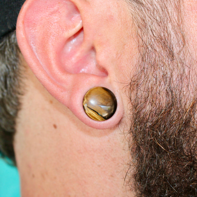 SINGLE FLARE TIGER EYE STONE PLUGS Pair - EC Plugs