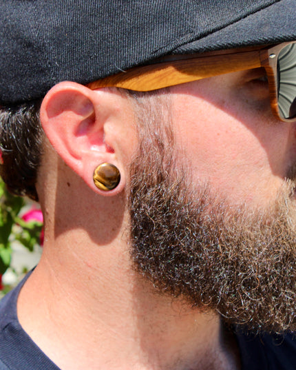 SINGLE FLARE TIGER EYE STONE PLUGS Pair - EC Plugs