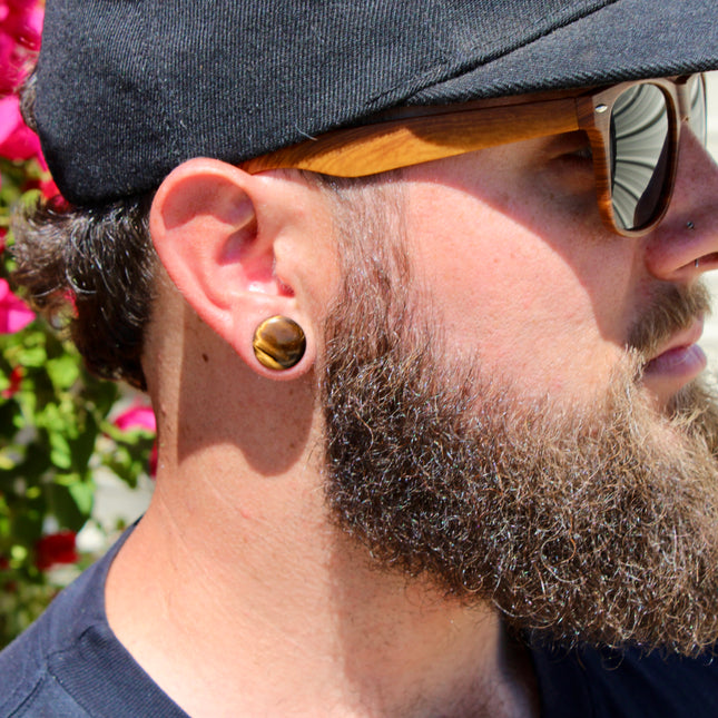 SINGLE FLARE TIGER EYE STONE PLUGS Pair - EC Plugs