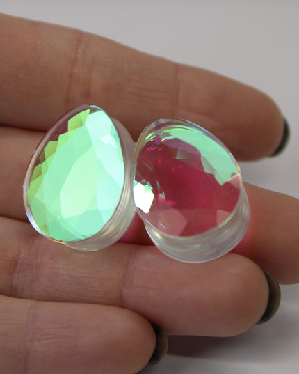 Faceted Diamond Iridescent Glass Tear Drop Plugs