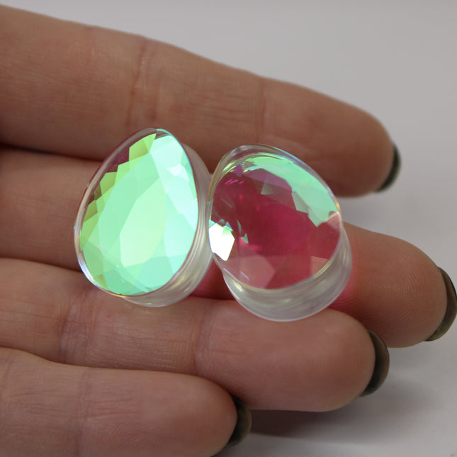 Faceted Diamond Iridescent Glass Tear Drop Plugs