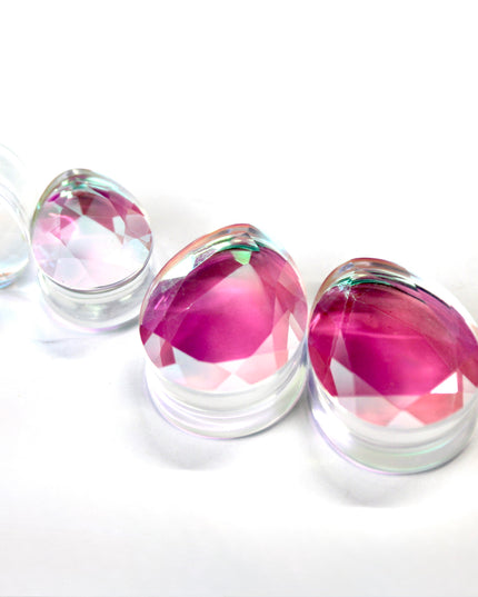 Faceted Diamond Iridescent Glass Tear Drop Plugs