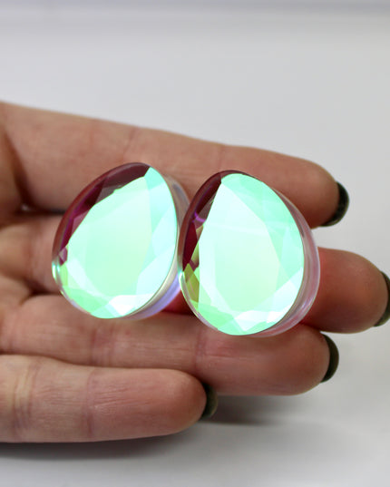 Faceted Diamond Iridescent Glass Tear Drop Plugs